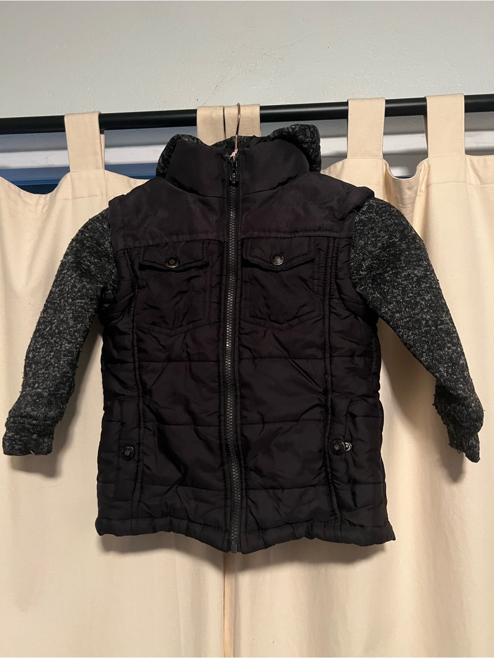 Kids Black Puffer Jacket with Gray Knit Sleeves